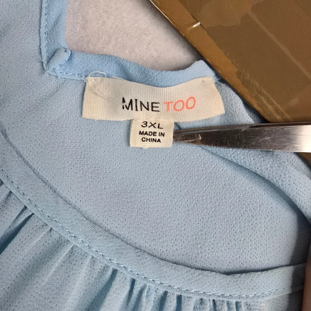Mine Too Light Blue Embroidered Sleeve Keyhole Neck Blouse Top‎ Plus Size 3XL